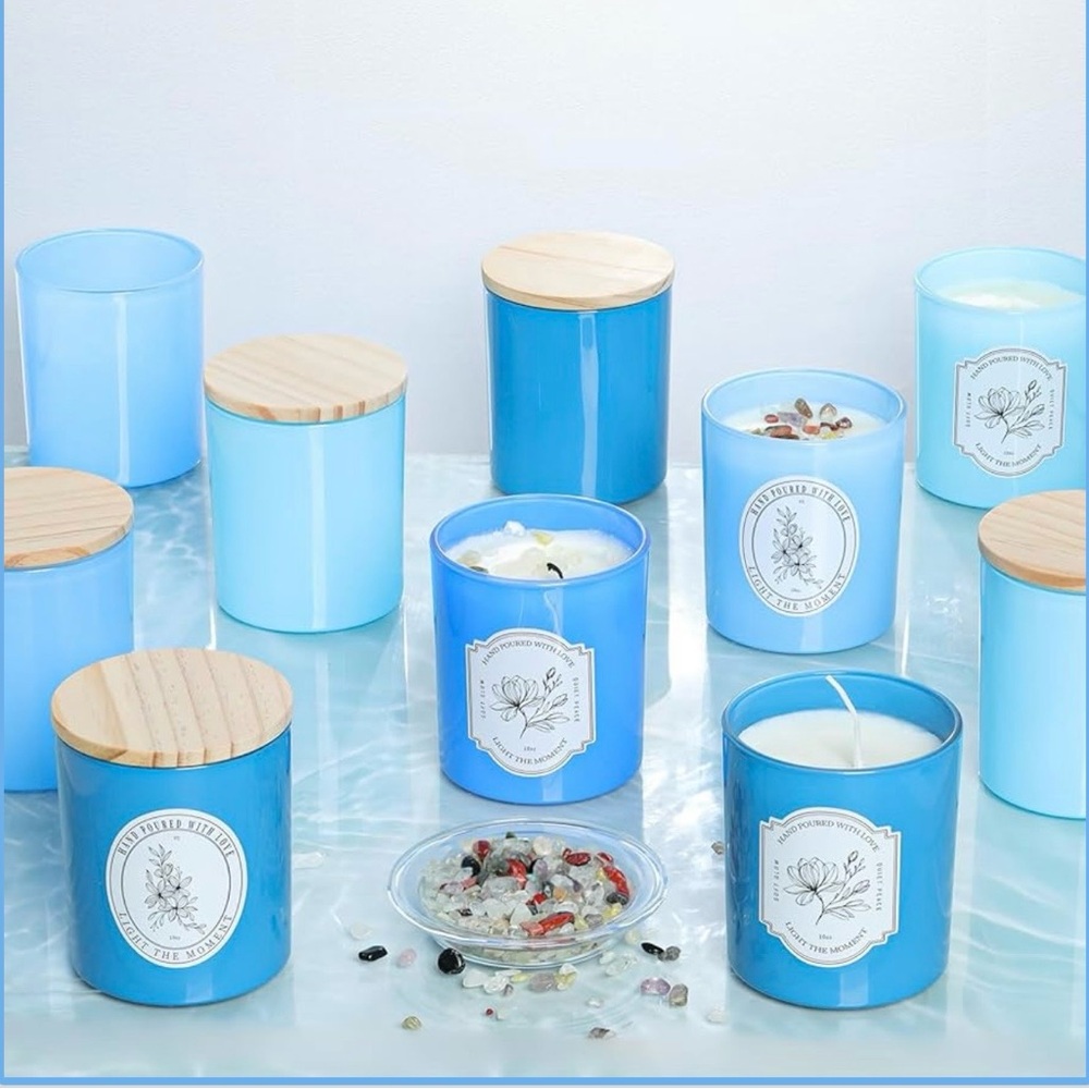 Candle Making 12Pcs Assorted Blue Glass Candle Jars with Wooden Lids